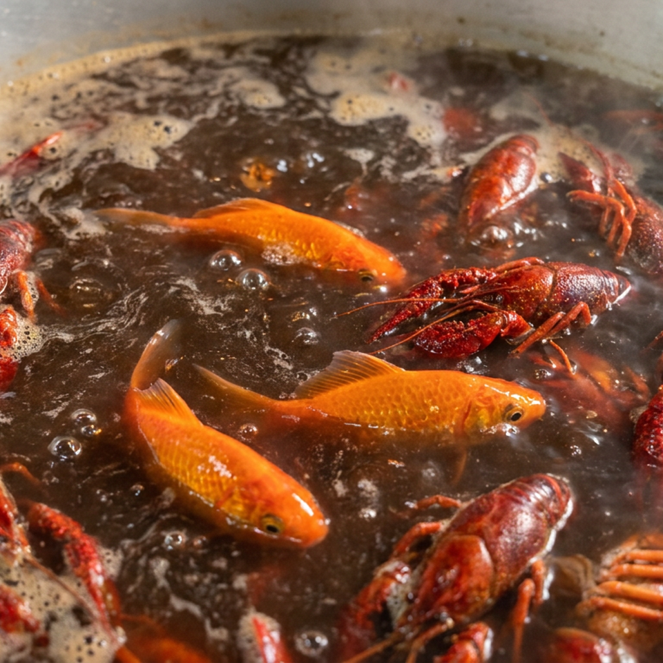 Boiling pot filled with orange fish and red crayfish in dark, bubbling broth.