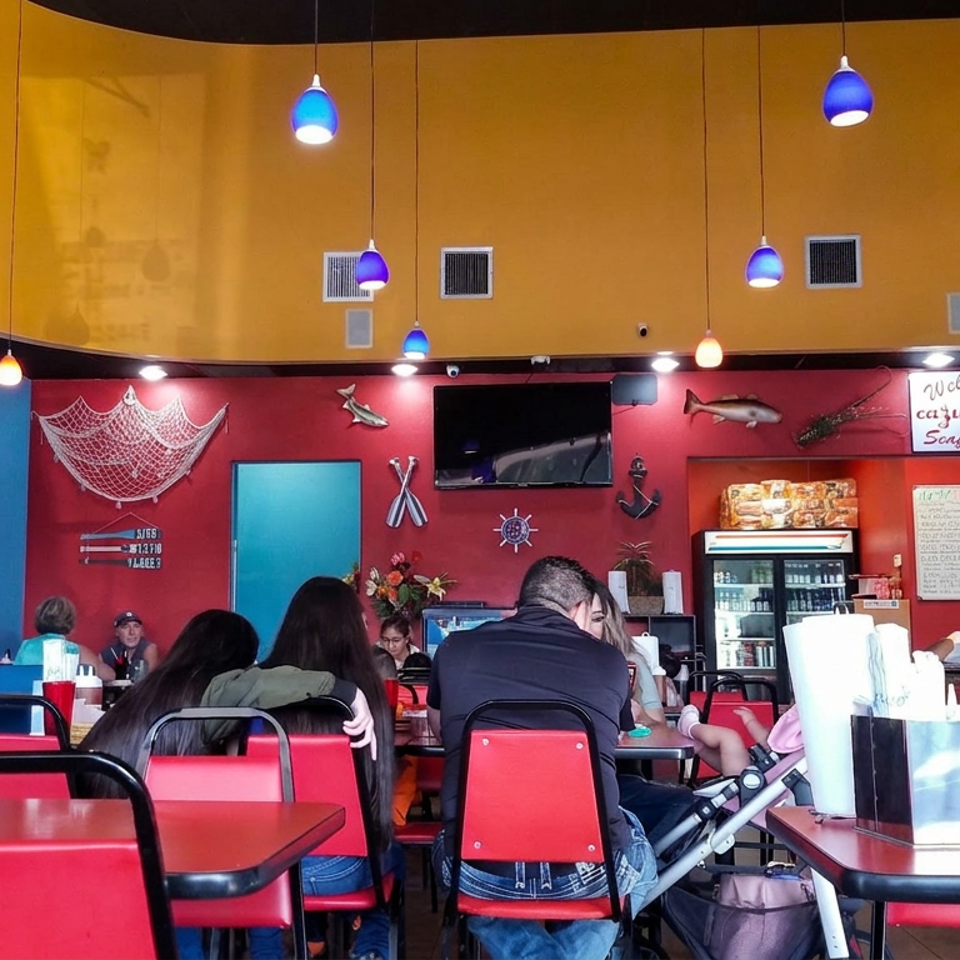 Colorful seafood restaurant dining room with red tables, nautical wall decorations, pendant lights, and seated diners.