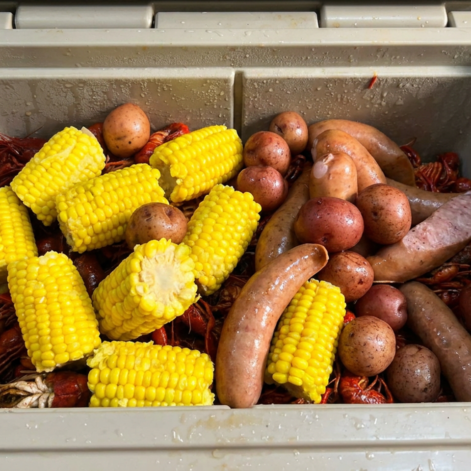 Cajun seafood boil with crawfish, corn on the cob, red potatoes, and sausages in a serving tray.