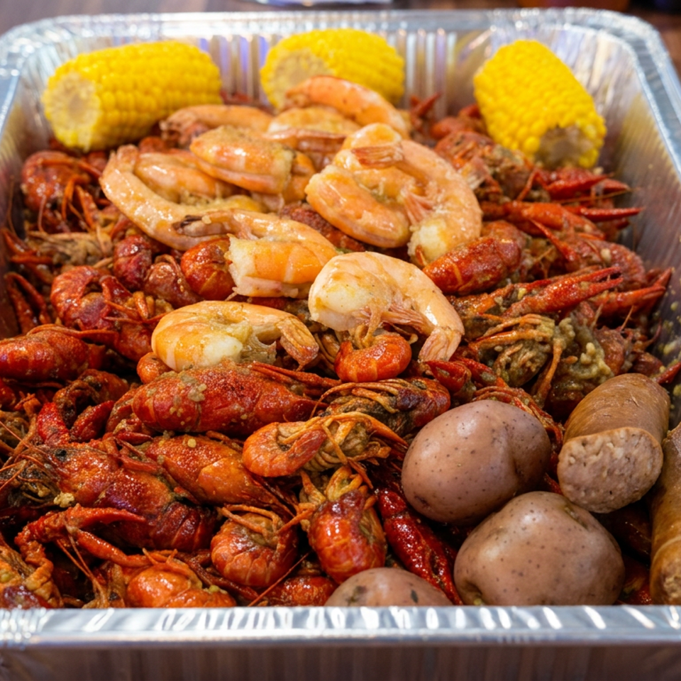 Aluminum tray filled with seasoned crawfish, shrimp, corn, potatoes, and sausage on a wooden table.